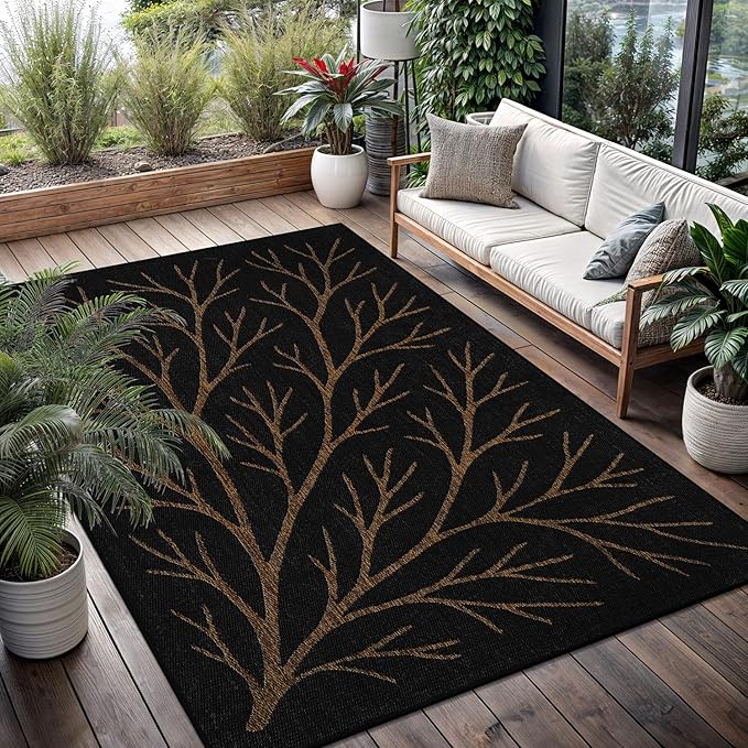 Washable Indoor Outdoor Rug 9x12 Modern Area Rugs Branch Pattern Non Shedding Waterproof Easy Clean Patio Deck Porch Living Room Bedroom Garden RV (9 X 12 Gold)