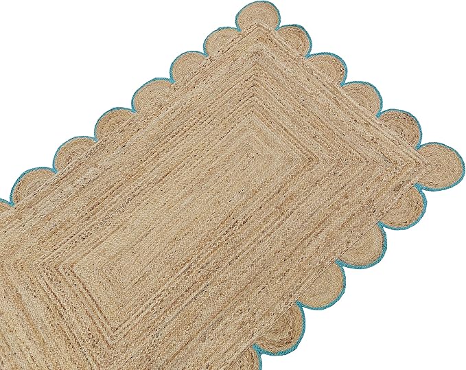 Scalloped Natural Jute Area Rug, Teal Trim, 2'x6'