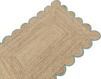 Scalloped Natural Jute Area Rug, Teal Trim, 4'x6'