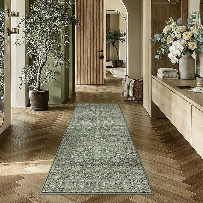 Green Runner Rug 2x6 Hallway Washable Carpet Soft Vintage Indoor Kitchen Non Slip Bedroom Traditional Retro Distressed Throw Long Rug Bathroom Laundry Entryway Office Dining Room