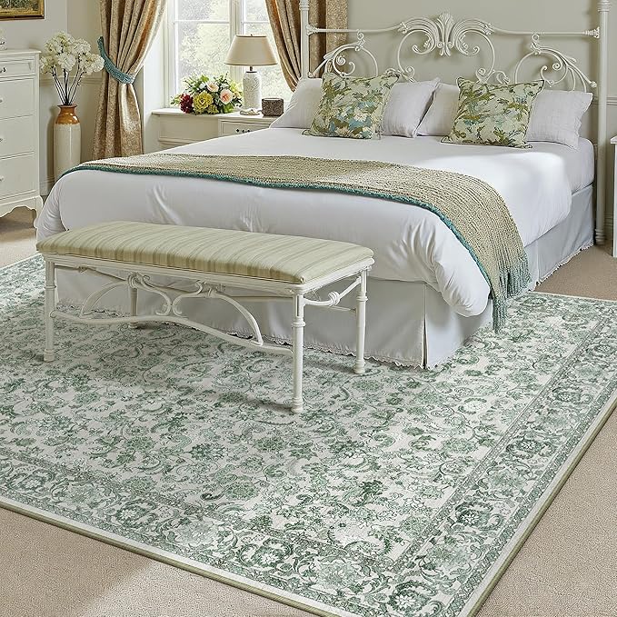 HUGEAR Green Area Rug 5x7 Machine Washable Living Room Rugs Distressed Neutral Vintage Floral Low Pile Carpet Bedroom Office Dining Room Laundry Room Non Slip Soft Lightweight