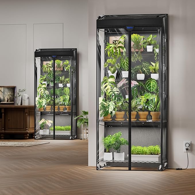 Barrina LH750 Pegboard Indoor Greenhouse with Grow Light, Plant Cabinet with 4PCS 5000K Full Spectrum Grow Lamps, 3 Adjustable Pegboards, 2 Racks, Wheel, for Foliage Plant, Seedling, 29.5x13.8x67.9IN