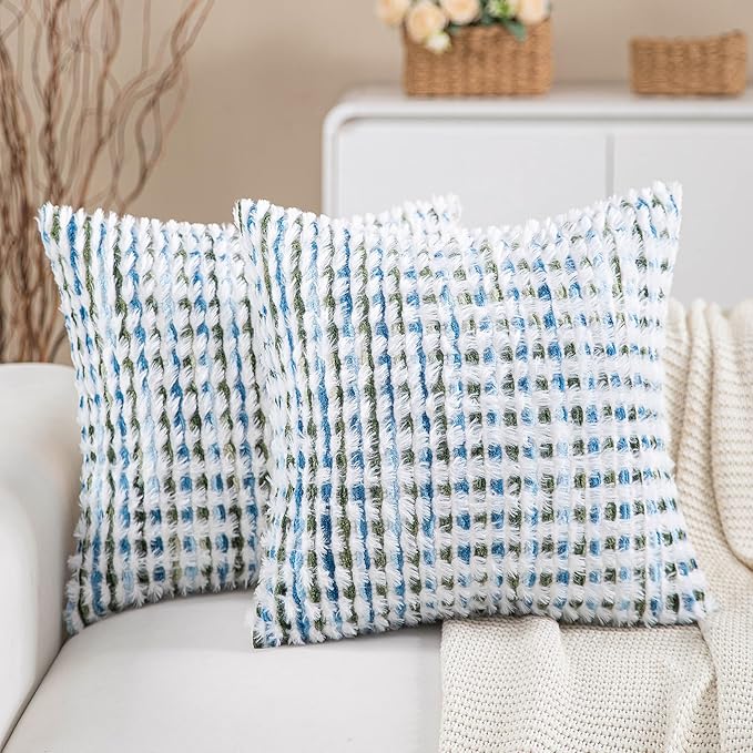 Decorative Boho Pillow Covers Set of 2-18x18 Inch Tufted Farmhouse Boho Throw Pillows for Couch, Neutral Chenille Fluffy Accent Pillowcase for Bed Living Room, Bedroom Sofa, Blue Green