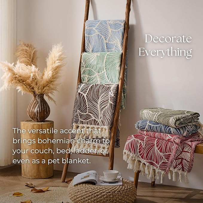 DOWN HOME Chenille Cotton Throw Blanket for Couch, Lightweight Boho Blanket for Bed Sofa Chair Living Room Outdoor Soft Woven Decorative Blanket with Tassel Gift Green Leaves 55"x60"