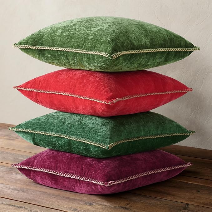 decorUhome Chenille Soft Cozy Throw Pillow Covers 22x22 Set of 2, Modern Farmhouse Boho Velvet Decorative Euro Sham Pillow Cases with Stitched Edge for Couch Sofa Bed Home Decor, Green