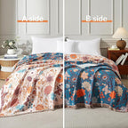 Boho Throw Blanket for Bed 80”x90”, 100% Cotton Woven Blanket for Couch Sofa, Ultra Soft 4-Layer Muslin Quilt with Floral Printed, Farmhouse Bed Blanket/Cover for Living Room Decor