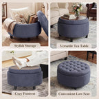COLAMY Fabric Round Storage Ottoman with Reversible Tray Lid – Multi-Functional Footrest, Hidden Storage, Sturdy & Stylish Small Coffee Table for Living Room, Bedroom, or Entryway(Blue)