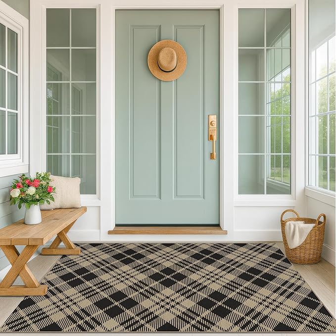 JTJ Vintage Outdoor Entrance Rugs 3x5 - Easy Jute Woven Rug for Indoor Area, Kitchen, Bedroom, Washable Low Pile Black and White Classic Decor