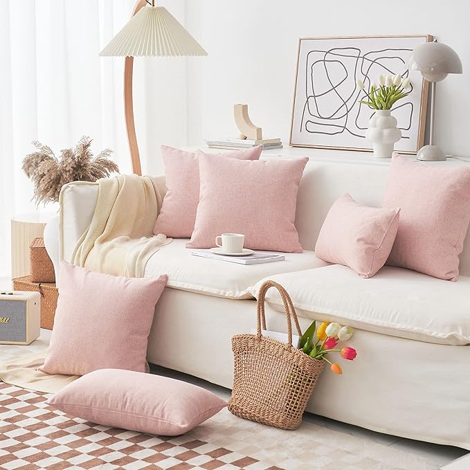 Home Brilliant Pillow Covers 18x18 Set of 4 Decorative Linen Cushion Covers Square Throw Pillows Covers for Couch, Baby Pink, 18 inch, 4 Pcs