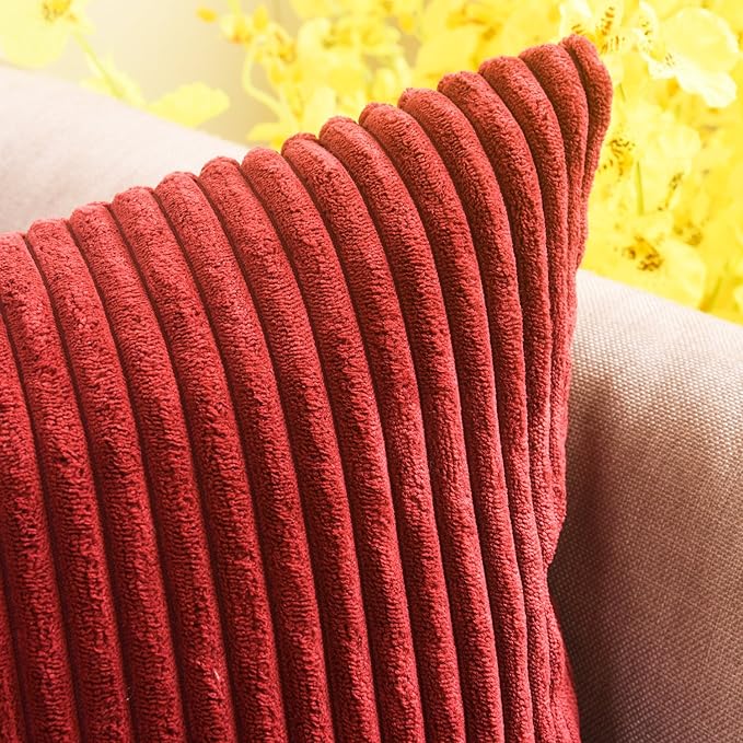 Home Brilliant Pillow Covers 18x18 Decorative Throw Pillows for Couch Dark Red Soft Plush Corduroy Striped Throw Pillow Covers Set of 2 for Sofa Couch Bed, 18 x 18 Inch, Burgundy