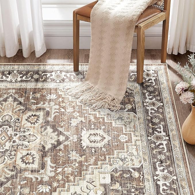 Washable Rug 9x12 Area Rugs: Boho Vintage Distressed Oriental Medallion Neutral Thin Large Rug Carpet for Living Room Bedroom Dining Room Home Office Decor - Dark Brown