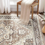 Washable Rug 9x13 Area Rugs: Boho Vintage Distressed Oriental Medallion Neutral Thin Large Rug Carpet for Living Room Bedroom Dining Room Home Office Decor - Dark Brown