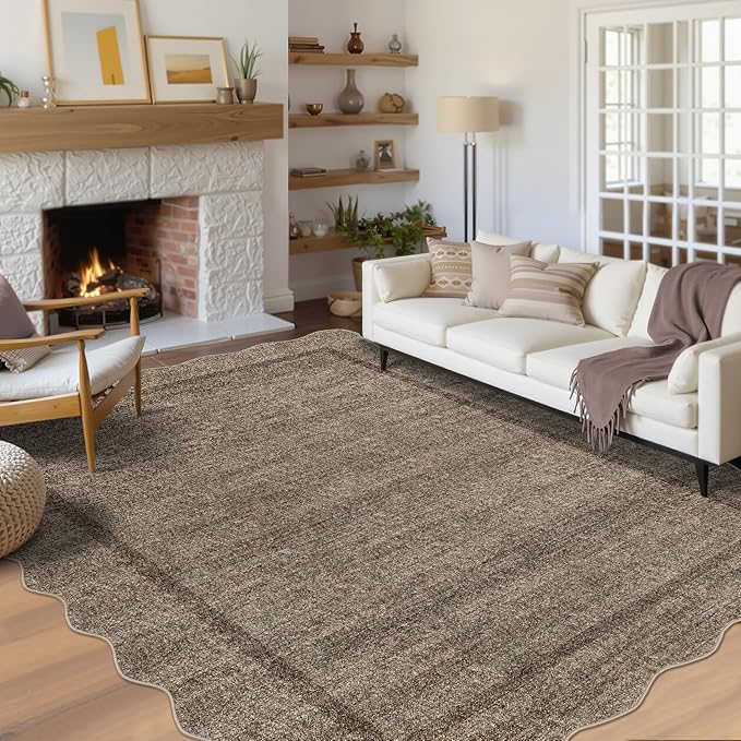 GarveeHome Scalloped Washable Rug 9x12 Area Rug for Living Room Modern Bedroom Rug Taupe Large Area Rug Non Slip Throw Rugs Soft Low Pile Stain Resistant Carpet for Dorm Nursery Dining Room 9'x12'