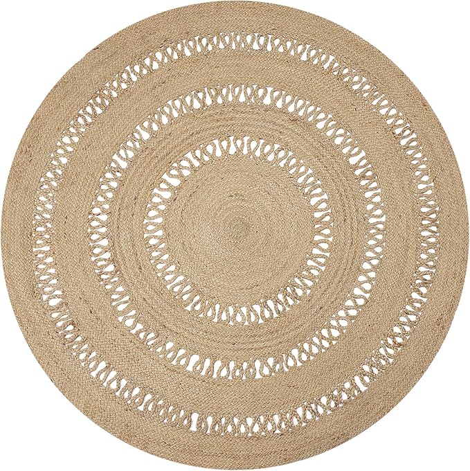 · REDEARTH · Round Area Rug - 6 Feet Braided Scalloped Earthy Trails Jute Rug- Artisan Made Boho Jute Patterned Rugs for Bedroom, Kitchen, Living Room, Farmhouse, Aesthetic, Handmade Vintage Décor