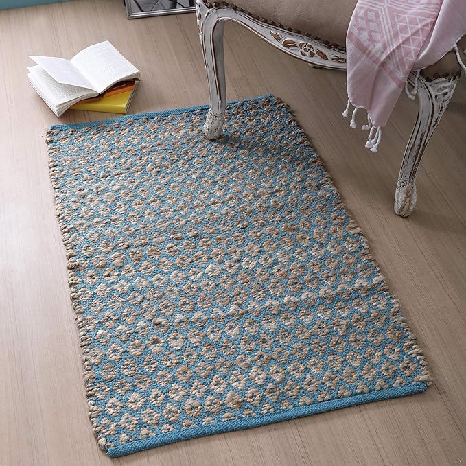 Jute Cotton Diamond Woven Rag Rug 2x3 Feet - Teal Natural, Reversible Small Soft Floor Décor Area Rugs Ideal for Entryway, Kitchen, Laundry Room | Boho Farmhouse Accent Sturdy Door Mat for Bedroom