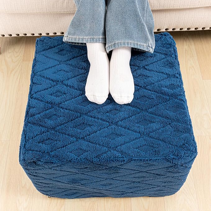 Fluffy Square Ottoman Pouf with All-in-One Foam Filling 20 x 14 Inches Furry Ottoman Foot Rest Foot Stool for Living Room or Bedroom (Navy)