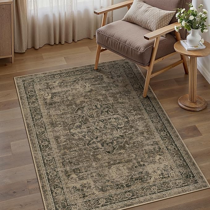 Entryway Area Rug 3x5 Washable Brown Vintage Distressed Carpet Oriental Soft Thin Indoor Rug for Office Non Slip Low Pile Throw Rug for Kitchen Bathroom Bedroom Dining Living Room