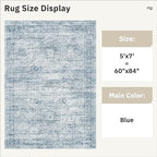 5x7 Area Rugs Blue Low Pile Indoor Washable Trendy Faded Style Rugs for Bedroom Living Room Dining Room Foldable Non-Slip Thin Print Mat