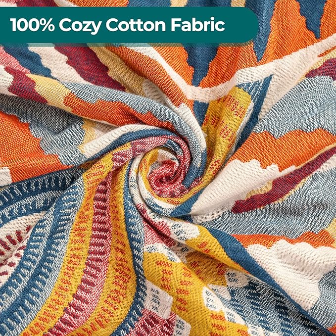 Boho Cotton Muslin Twin Size Bed Throws,100% Cotton Rustic 4 Layer Reversible Colorful Woven Blankets, Washable Breathable Mexican Decor Bed Blankets 60"×80" for Couch Sofa All Seasons