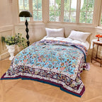 Boho Throw Blanket - 100% Cotton Ultra Soft Muslin Blanket, 50"x60" Lightweight Framhouse Bedding Spring Blanket for Bed, All Season Blue and Purple Floral Bohemian Bedroom Home Decor Quilt