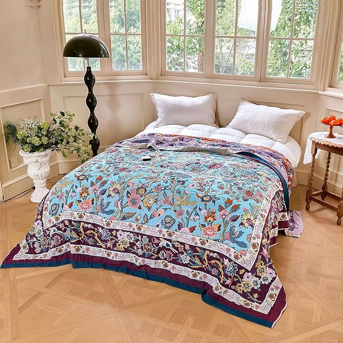 Boho Throw Blanket - 100% Cotton Ultra Soft Muslin Blanket, 50"x60" Lightweight Framhouse Bedding Spring Blanket for Bed, All Season Blue and Purple Floral Bohemian Bedroom Home Decor Quilt