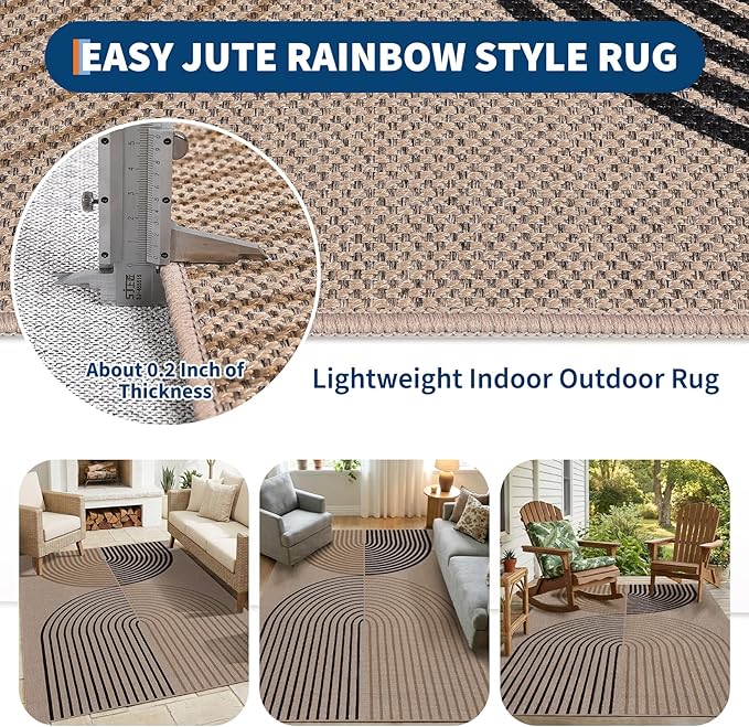 GarveeHome Modern Rainbow Easy Jute 4x6 Area Rug, Washable Rugs for Living Room Bedroom Kitchen Office, Non Slip Carpet for Entryway Backyard Sunroom