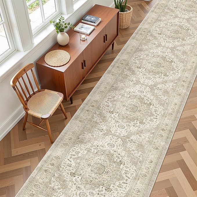 Washable Runner Rug 2.6x10 Runners for Hallways, Ultra-Thin Carpet Runners for Entryway Anti Slip Backing Runner Rugs for Kitchen Laundry Room Indoor Hallway (Ivory/Beige)
