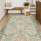 Washable Sage Green Area Rugs 5x7 for Living Room, Bedroom Bedside, Dining Room, Office, Muted Cream Green Non Slip Stain Resistant Low Pile Botanical Floral Bird French Country Decor