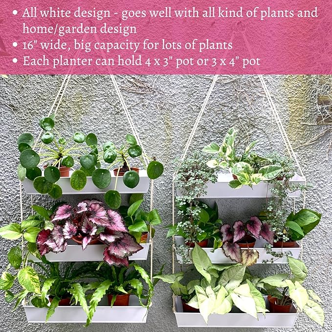 LaLaGreen Hanging Wall Planter - 16 Inch Three Tier Plant Hanger for Succulent Indoor Herb Planter Modern White Boho Metal Wall Plant Holder Decor, Vertical Garden Hanging Planter Shelf Large Outdoor