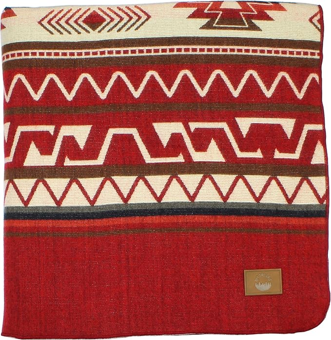 Inca Aztec Throw, Queen, King Blanket | Southwest Indian Navajo Boho Style | Native Cover for Camping, Bedding, Couch, Vanlife | Faux Alpaca, Lightweight, Hypoallergenic (Inti Red, Throw)