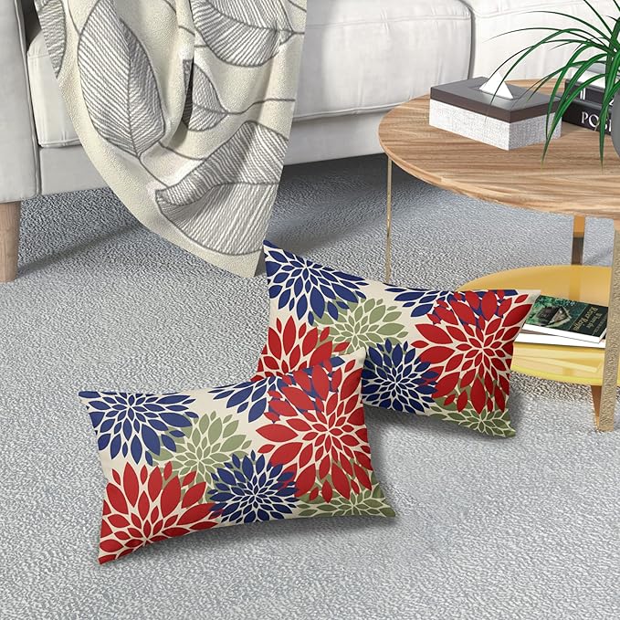 4th of July Pillow Covers 12X20 Inch Set of 2, Patriotic Red Blue Green Dahlia Floral Print Holiday Decorative Rectangle Throw Pillow Covers Outdoor Farmhouse Cushion Case for Couch Sofa Bed Decor