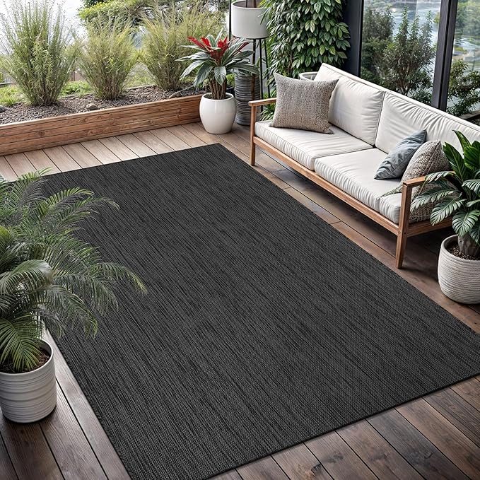 Washable Indoor Outdoor Rug 9x12 Weather Resistant Area Rugs Modern Solid for Porch Deck Balcony Backyard Patio Outside Carpet (9 X 12 Dark Grey)