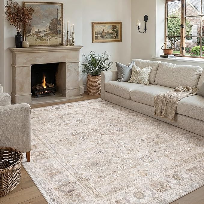 8x10 Area Rug Washable Living Room Vintage Beige Carpet Bedroom Large Indoor Non Slip Soft Low Pile Thin Stain Resistant Distressed Accent Throw Rug for Dining Office Nursery