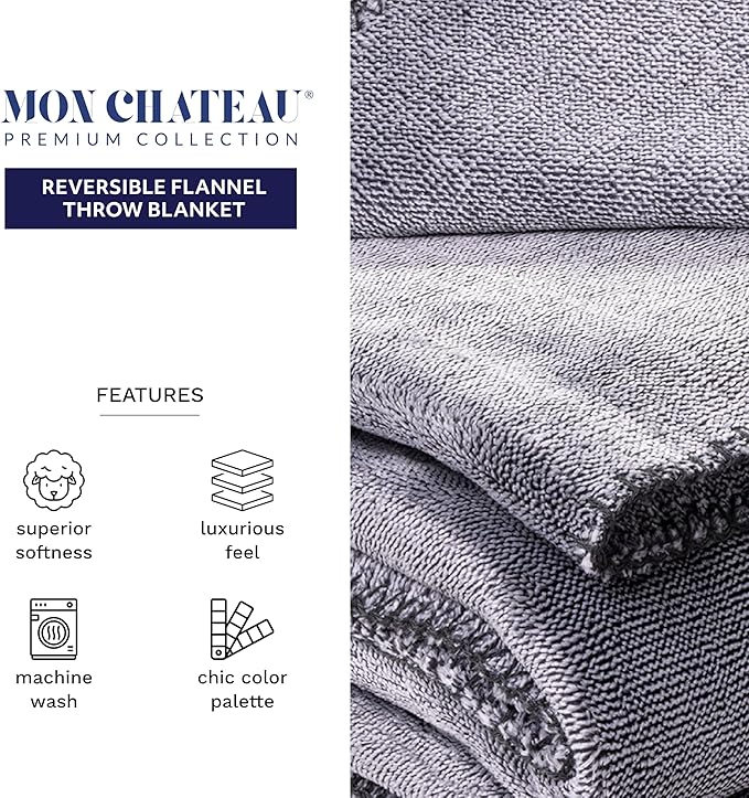 Mon Chateau 60" x 70" Fireside Mélange Throw Blanket, Contrast Stitching Soft Blanket for Queen-Size Bed, Couch, or Sofa, Cozy Home Decor and Stylish Living Room Comfort, Moonstone