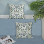 Blue Green Pillow Covers 18x18 Inch Set of 2 Boho Floral Decor Throw Pillows Vintage Block Print Flower Outdoor Linen Decorations Pillowcase Linen Cushion Cover for Couch