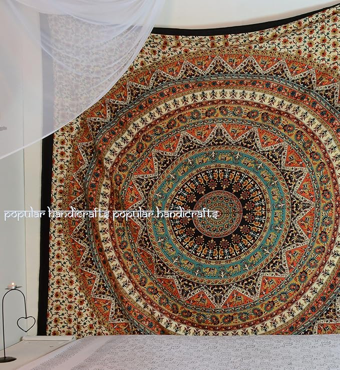 Popular Handicrafts Wall Hanging Tapestry For Bedroom Hippie Mandala Bohemian Psychedelic Intricate Floral Design Indian Bedspread Magical Thinking Tapestry 84x54 Inches,(215x140cms) Green Orange