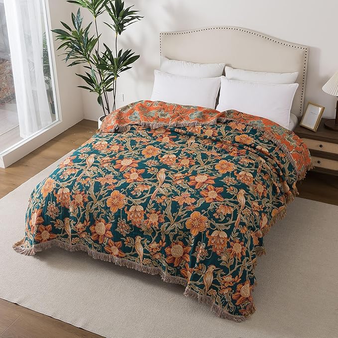 Boho Throw Blanket Twin Size, Soft Cozy Cotton Muslin Quilt Blanket for Bed Decor, Floral Patterned Couch Sofa Chair Cover, Vintage Farmhouse Cottage Tapestry Woven Blanket, Green&Orange