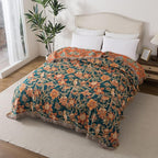 Boho Throw Blanket Twin Size, Soft Cozy Cotton Muslin Quilt Blanket for Bed Decor, Floral Patterned Couch Sofa Chair Cover, Vintage Farmhouse Cottage Tapestry Woven Blanket, Green&Orange