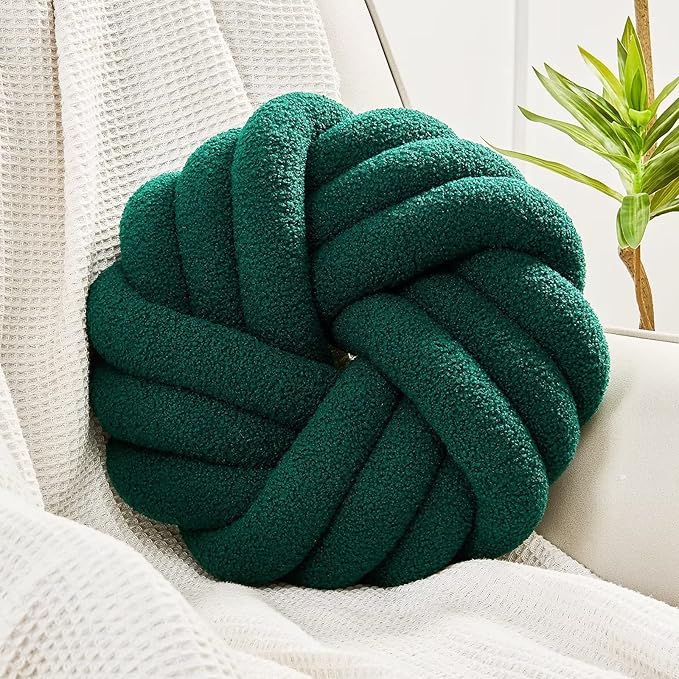 Uvvyui Knot Pillows, 14 Inch Decorative Throw Pillows Round Pillows Cushion, Soft Handmade Knotted Ball Pillow Plush Cushion Home Decor for Bed Couch Living Room (Dark Green, 14 Inch)