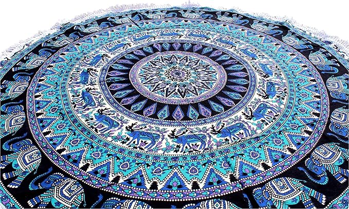Round Beach Tapestry Turquoise Mandala Throw/Boho Hippie Beach Blanket Roundie/Indian Cotton Bohemian Large Round Table Cloth-Home Decor/Yoga Mat Meditation Picnic Rug (42", Green and Black)