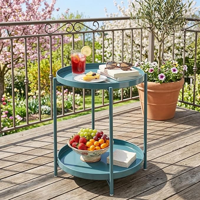 TeoKJ 2 Tier Round Side Table, Folding Round Metal End Table Small Nightstand with Two Removable Tray for Bedroom Living Room Bedside Small Spaces Blue Gray
