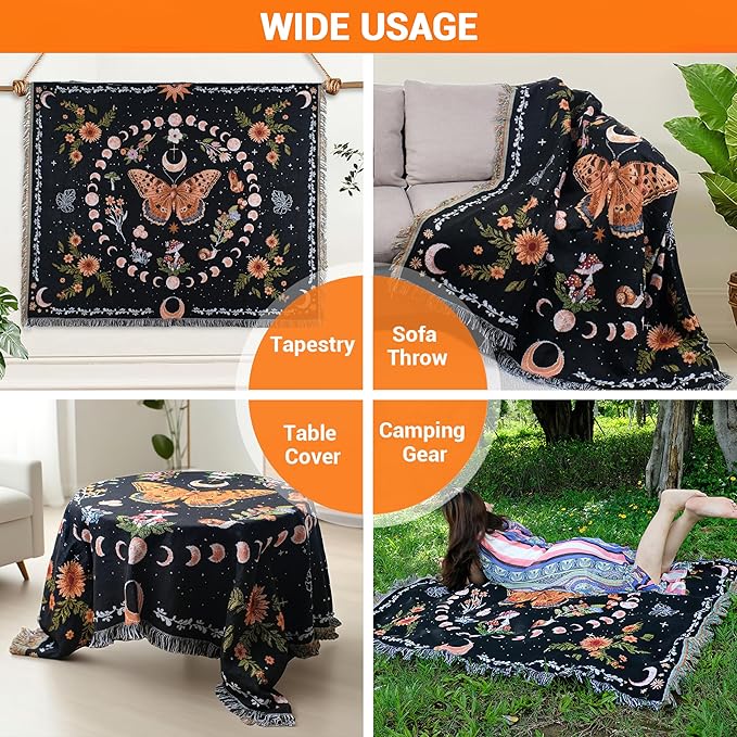 Moon Phase Butterfly Boho Woven Throw Blanket for Couch Bed Lounge Chair Hippie Room Decor Bedspread Boho Vintage Throws Blankets Outdoor Blanket Aesthetic Wall Hanging Celestial Bedroom Decor 51”x59”
