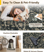 Area Rugs 5'x7' Washable Non-Slip, Floral Vintage Distress Print Pattern Medallion Carpet for Living Room Bedroom Dining Room, Vintage Black Brown Neutral