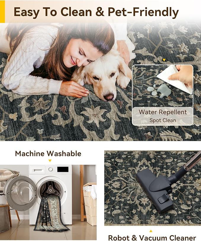 Area Rugs 9'x12' Washable Non-Slip, Floral Vintage Distress Print Pattern Medallion Carpet for Living Room Bedroom Dining Room, Vintage Black Brown Neutral