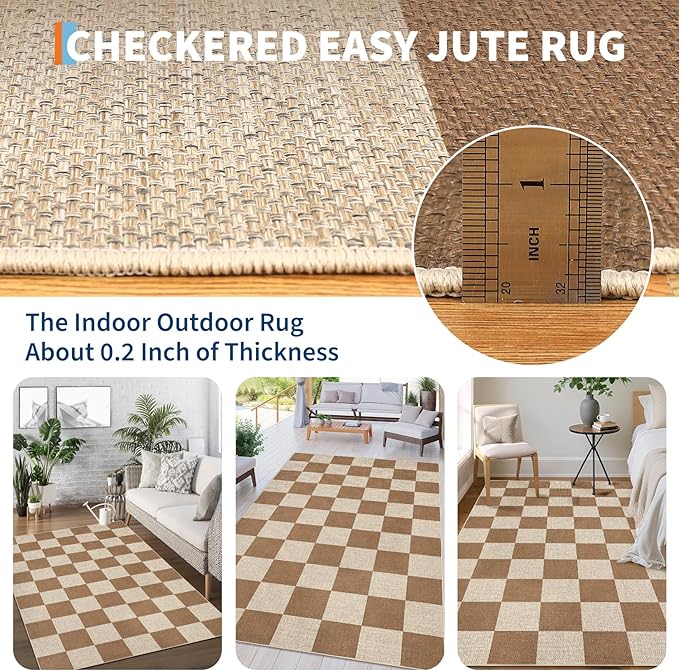 GarveeHome Checkered Easy Jute 5x7 Area Rugs for Living Room Machine Washable Non-Slip Backing Stain Resistant Modern Indoor Outdoor Rugs for Farmhouse Dining Room Patio Brown
