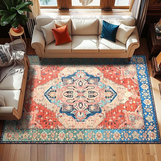 YJ.GWL Area Rugs for Living Room 9x12 Machine Washable Rugs, Non Slip Floral Vintage Rug Indoor Carpet, Stain Resistant Large Rug for Bedroom Dining Room, Red Blue Gradient Color