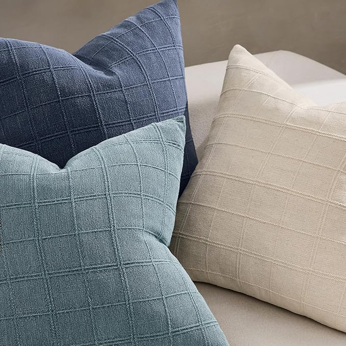 Woaboy Linen Check Throw Pillow Covers Blue Gray Farmhouse Modern Boho Vintage Coastal 20x20 Inch Set of 2 Decorative Cushion Covers for Sofa Couch Bedroom Living Room Home Decor