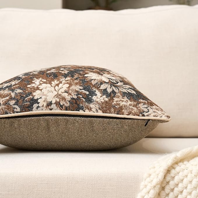 Yangest Neutral Floral Pillow Cover 18 x18 Inches, Vintage Chenille Square Throw Pillow Cover Soft Decorative Farmhouse Accent Couch Pillow Cover for Living Room Bedroom, Coffee Brown