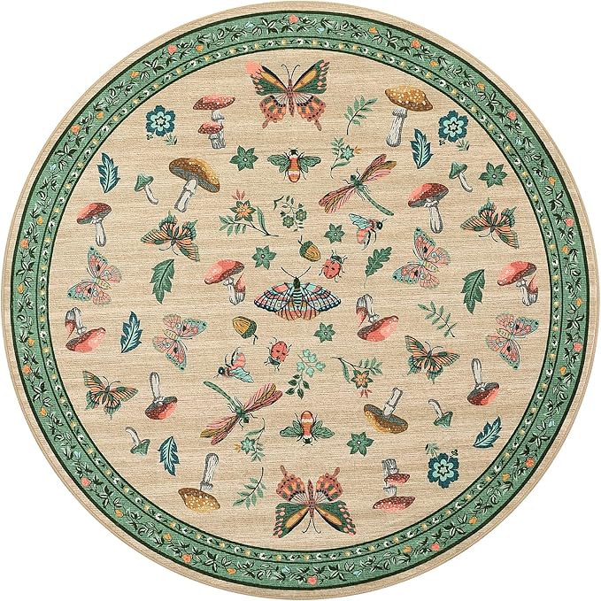Mushroom Insect 5ft Round Rug Washable Non-Slip Soft Ultra-Thin Small Boho Circle Carpet for Entryway Kitchen Bedroom Nursery Dining Room Khaki Green