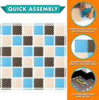 ProSource Foam Puzzle Floor Play Mat for Kids and Babies with Solid Colors, 36 or 16 Interlocking Tiles with Borders, Blue/Brown/Beige